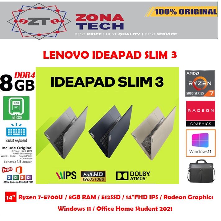 LENOVO IDEAPAD SLIM 3 - RYZEN 7-5700U - 8GB - 512GB SSD - BACKLIT KB - 14&quot;FHD IPS - WIN11 - OHS