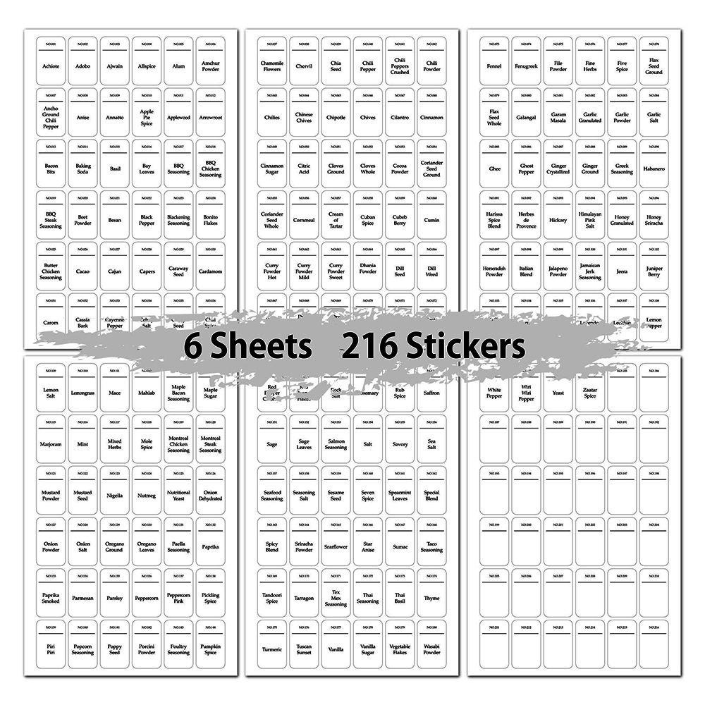 Preva 216PCS Spice Jars Sticker Tahan Air Self-Adhesive Tanda Botol Bumbu Tahan Minyak