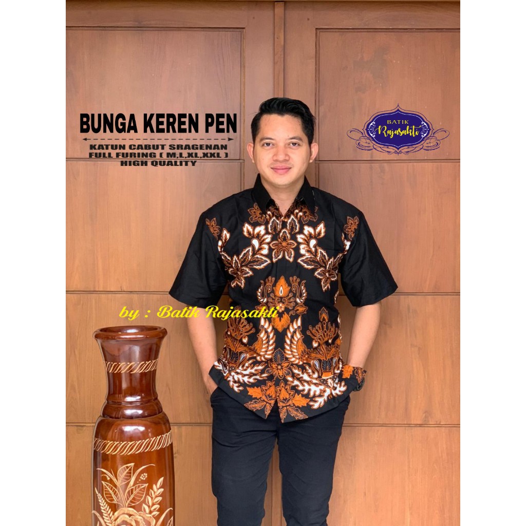 BUNGA KEREN Atasan Baju Kemeja Batik Pria Lengan Pendek PREMIUM LAPIS FURING Rajasakti SOLO