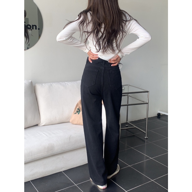 high waist  straight celana jeans panjang wanita hitam