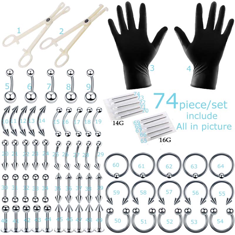 1set (74Piece) Body Piercing Tool Kit Telinga Hidung Pusar Nipple Bibir Tragus Piercing