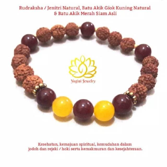 Gelang Rudraksha / Jenitri / Genitri, Batu Akik Giok Kuning Natural &amp; Batu Akik Merah Siam Asli 8mm.