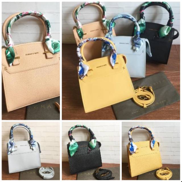 Tas Wanita Charles and Keith SCARF BIRRKIN HANDLE HITAM /KUNING /KREM /BABY BLUE