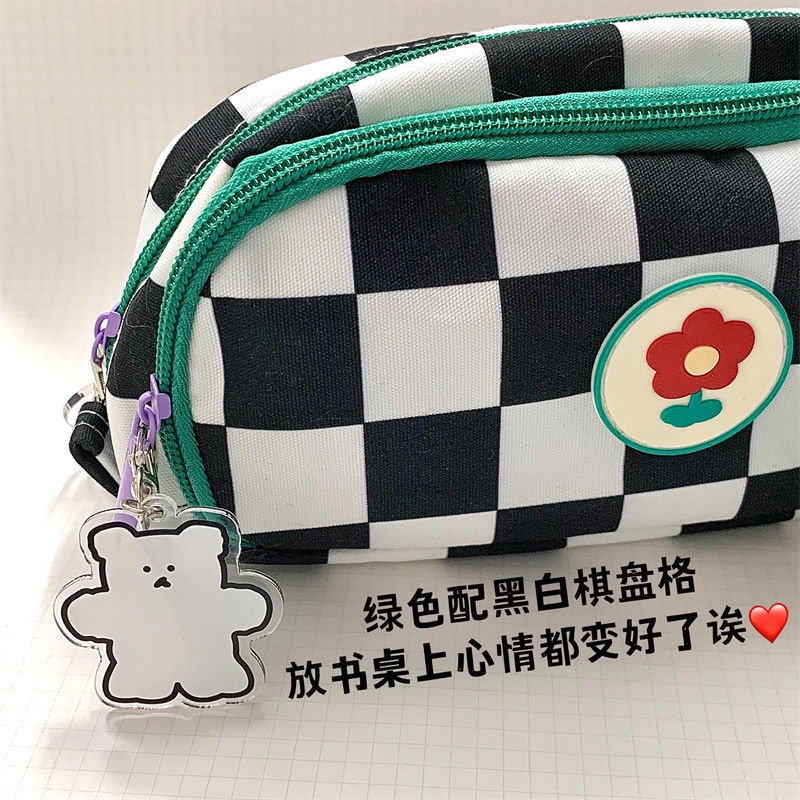 Sera Kotak-kotak hitam dan putih tas pensil berkapasitas besar siswa tas penyimpanan alat tulis multi-fungsi berlapis ganda bernilai tinggi tas pensil warna kontras