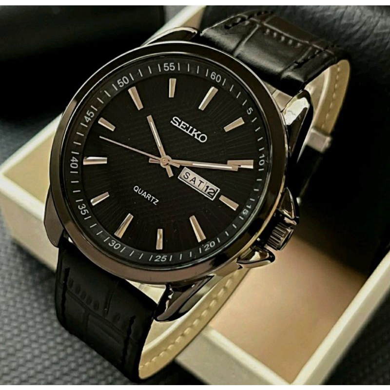 Jam Tangan Pria Seiko Tali Kulit Hitam Super Elegan - Jam Tangan Seiko Tali Kulit - Seiko Full Black