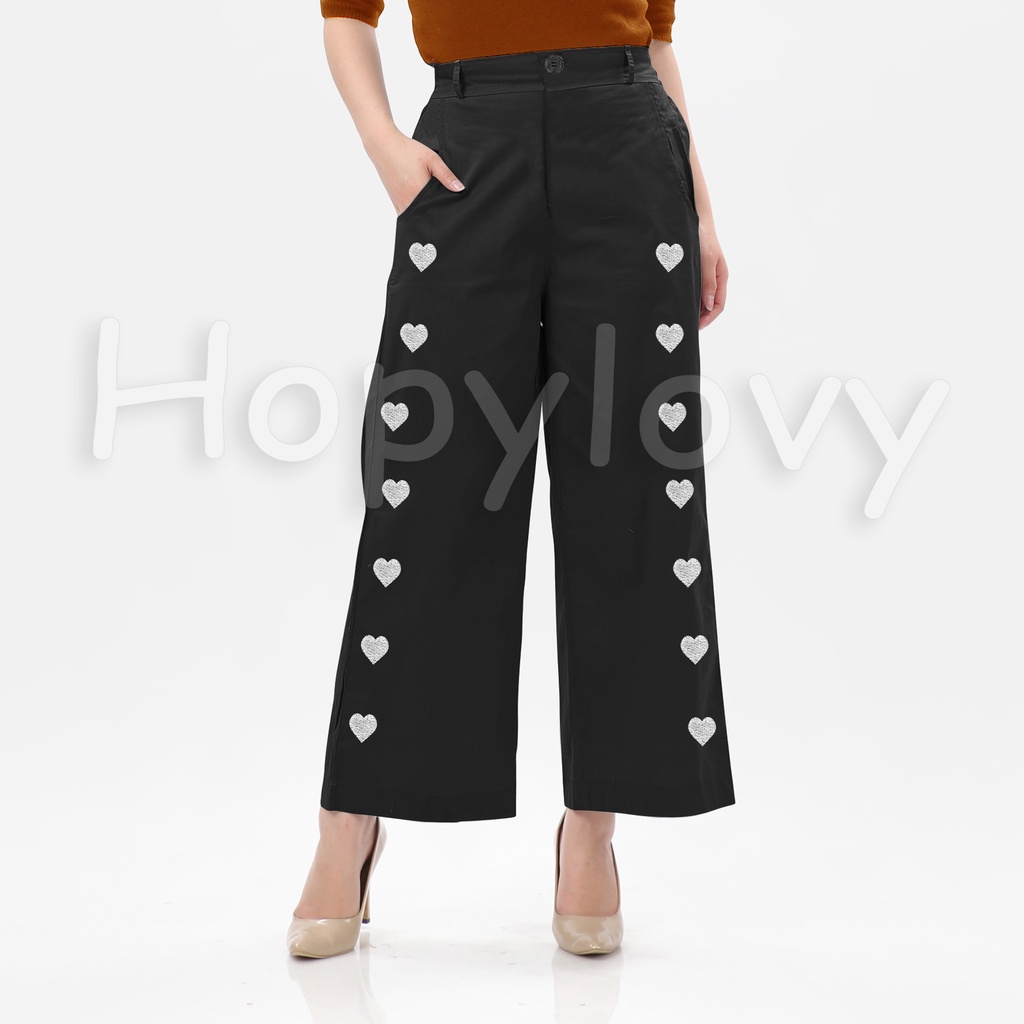 HOPYLOVY - Celana Kulot Wanita Bahan Katun American Drill Bordir Love Ginata