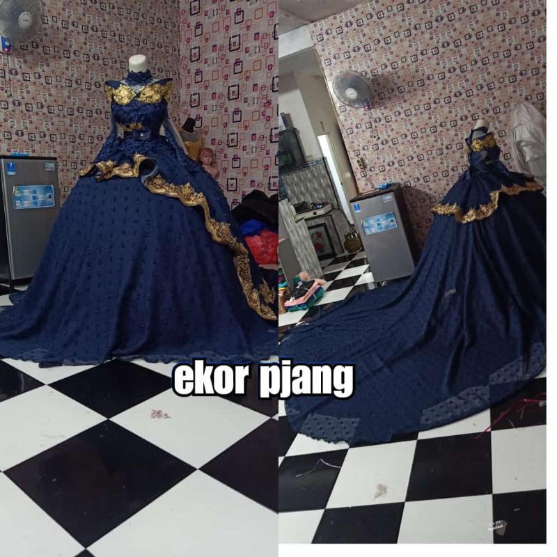 gaun pengntin nevy gold ekor panjang