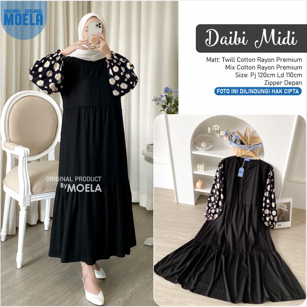 Daibi Midi Dress Gamis Abaya Kombinasi Hitam Motif Tunik Terlaris Original by Moela