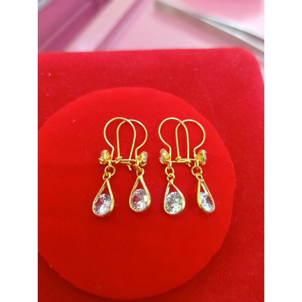 ANTING DEWASA  MATA PINK DAN PUTIH PERAK 925 LAPIS MAS