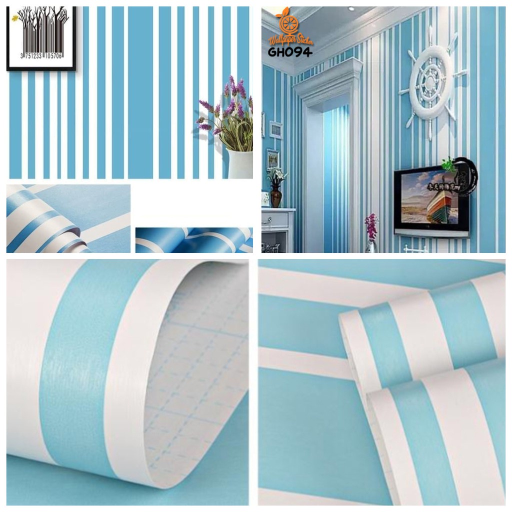 Wallpaper Dinding Motif Garis Putih Biru Ukuran Panjang 10Meter x Lebar 45Cm