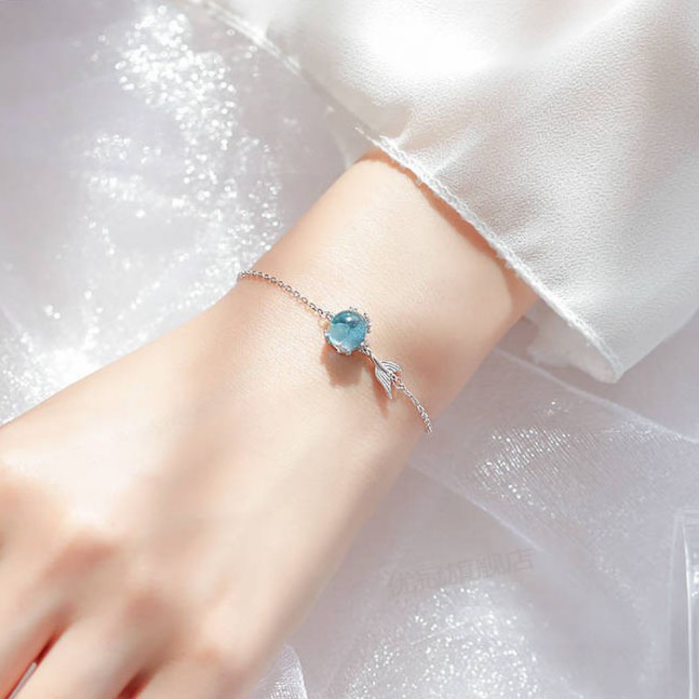 Gelang Silver S925 Hias Ekor Mermaid Warna Biru Gaya Korea Untuk Wanita