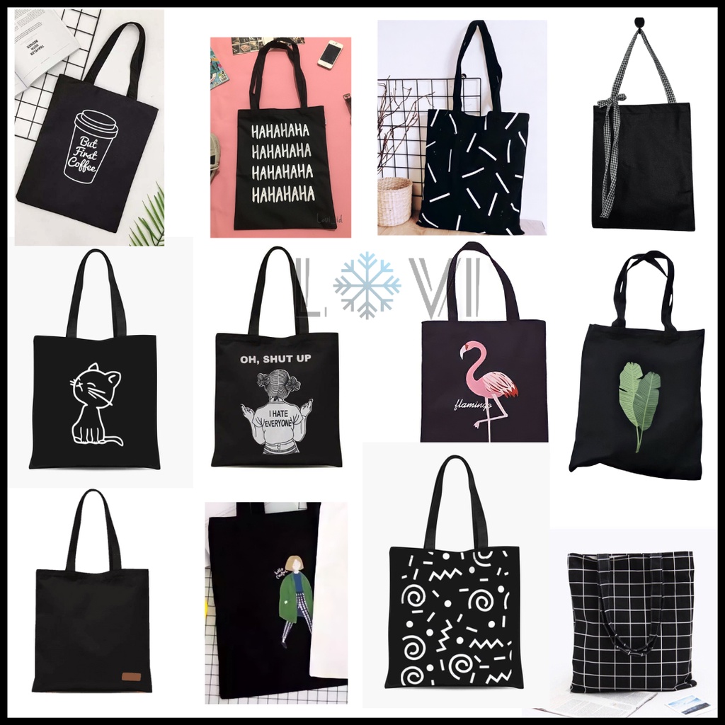 Tote Bag Kanvas Wanita (Pakai Perekat) Hitam Korea Murah [BISA COD]