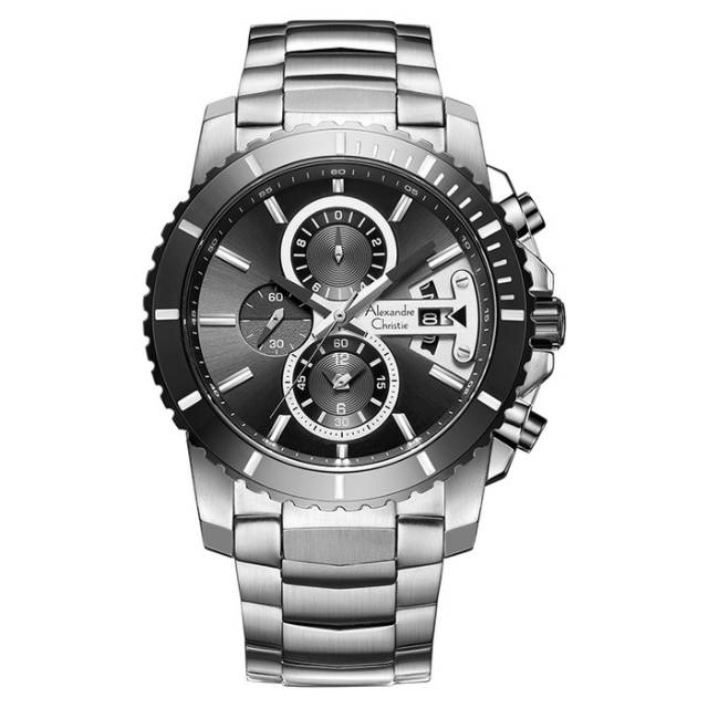 Jam Tangan Alexandre Christie AC 6455 MC Rantai Silver Plat Hitam Pria / Cowok Original: