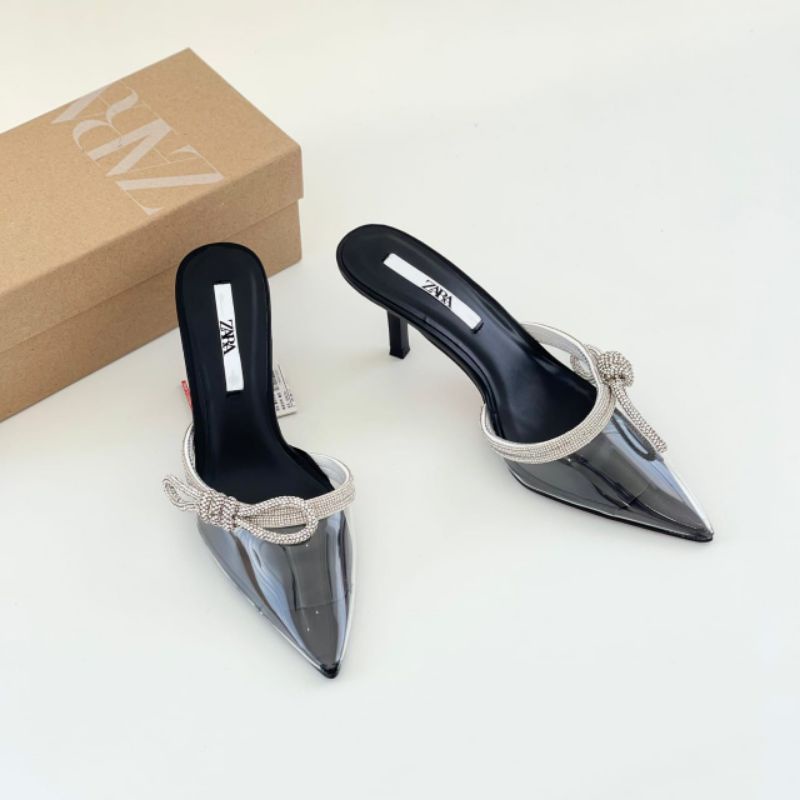 PROMO SALE Zara Shoes Sepatu Sandal Heels 7 cm hitam pita transparant