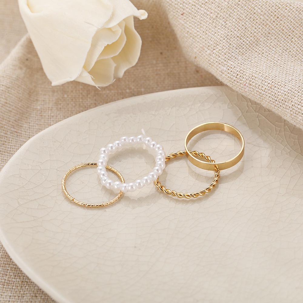 Cincin 4pcs Set Kombinasi Sederhana Pearl Geometric Cross Ring