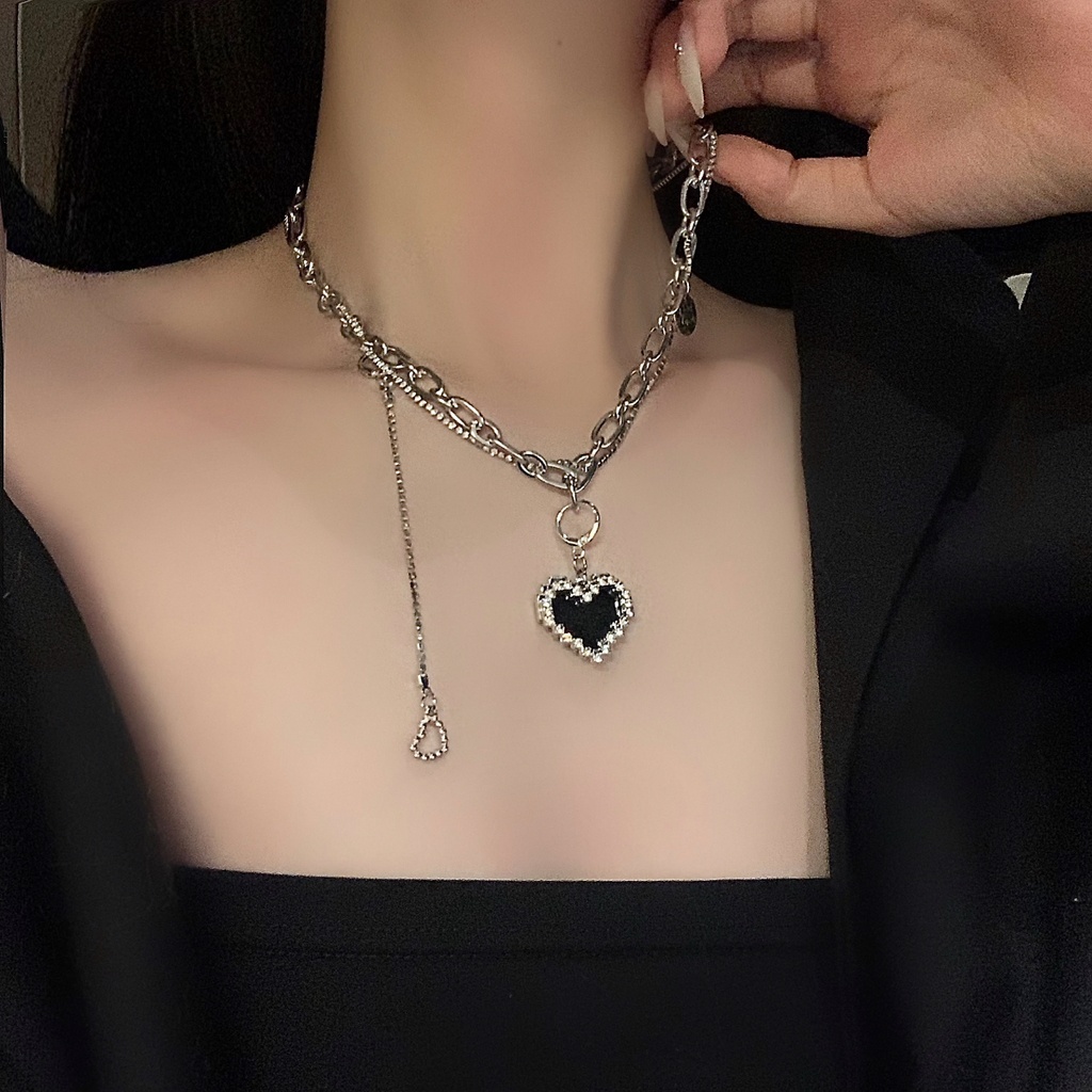 Kalung Rantai Clavicle Desain Hati Hitam Hias Zircon Gaya Koreamewah Untuk Wanita