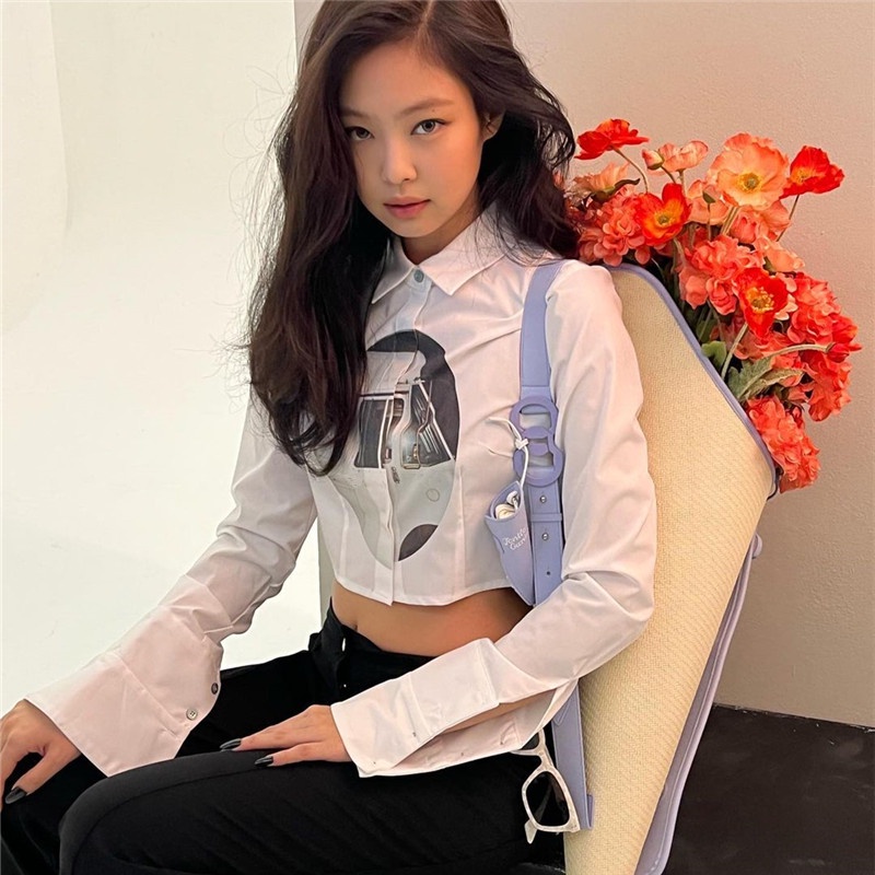 【AMY J】Jennie style Long-Sleeved Shirt Casual Cotton Crop midriff Top 7360