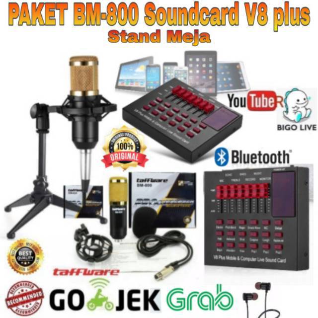 PAKET Hemat Mic BM800 Soundcard V8 plus Stand Meja Home Recording Terbaik