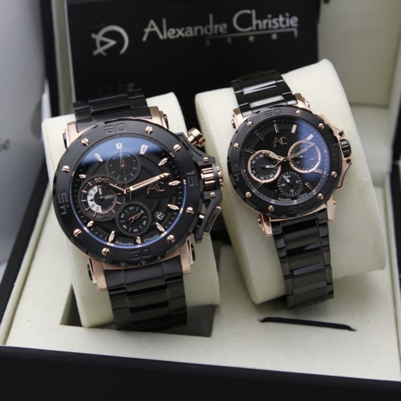 jam tangan couple alexander cristie ac9205 black rose gold stanless stel