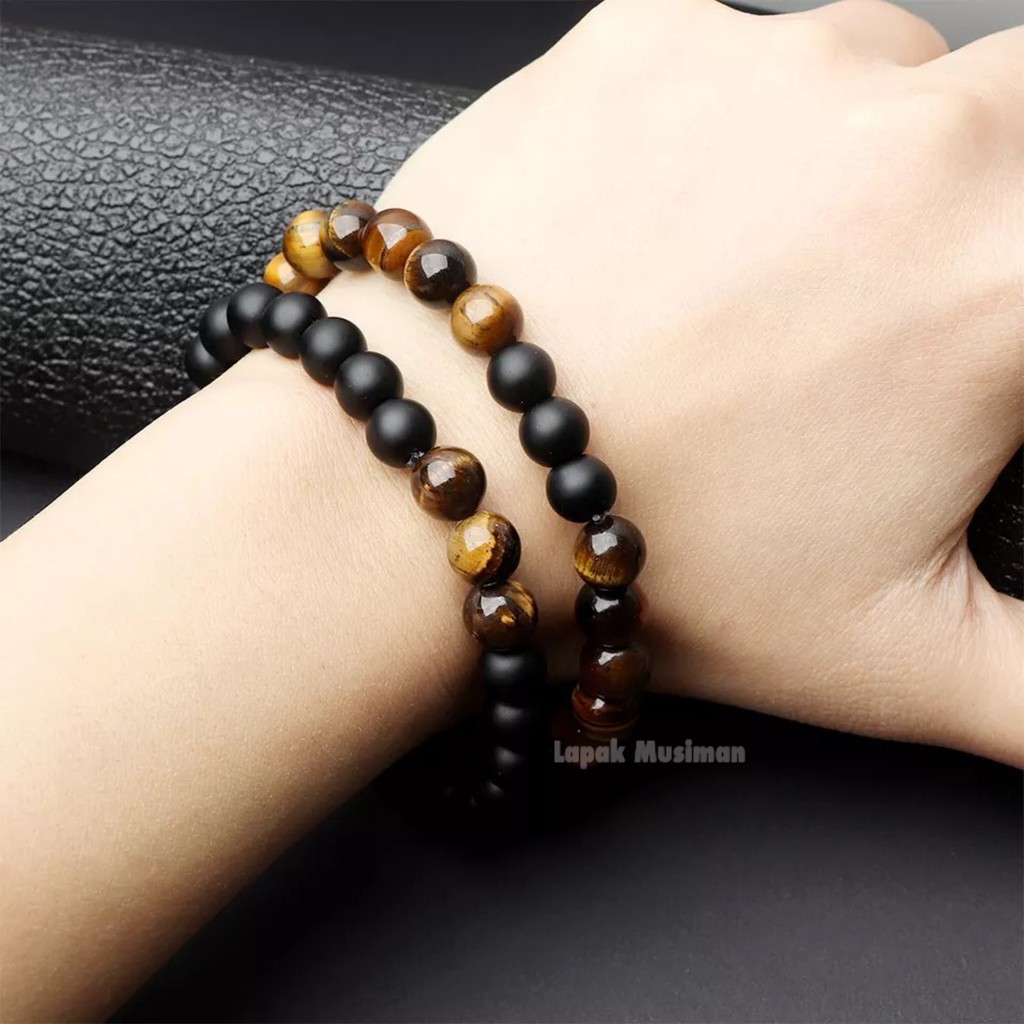 [Bayar di Tempat] Gelang Batu Couple Pasangan Tiger Eye Black Onyx Doff