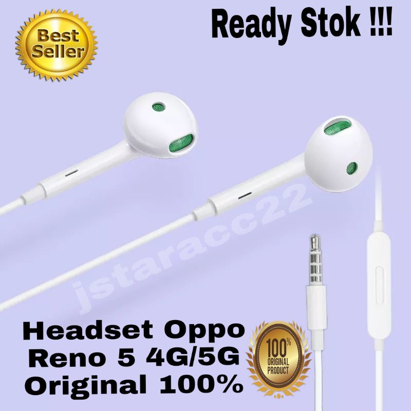 HEADSET OPPO RENO 5 5F ORIGINAL 100% WITH MIC STEREO BASS HANDSFREE JACK 3.5MM EARPHONE ORI