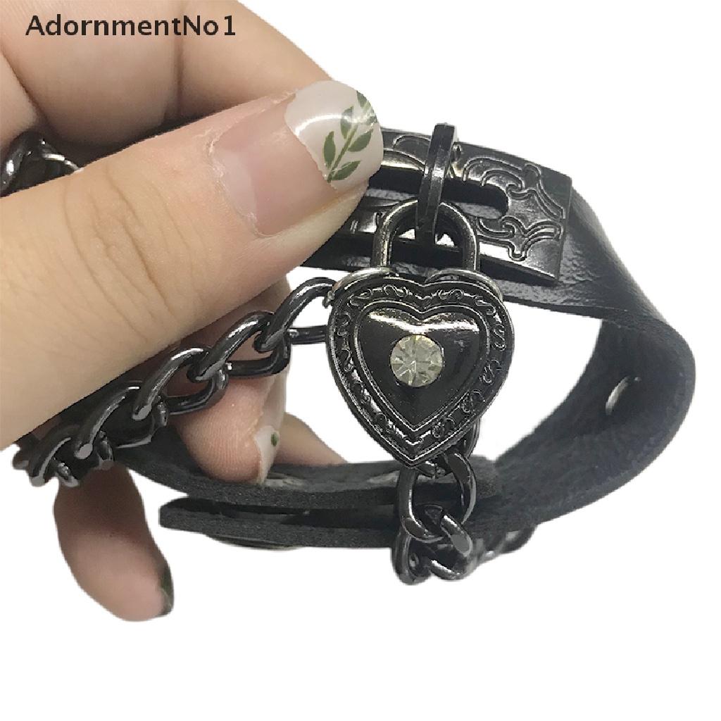 (AdornmentNo1) Gelang Tangan Kulit Aksen Hati + Berlian Imitasi Gaya Punk / Gothic Untuk Wanita