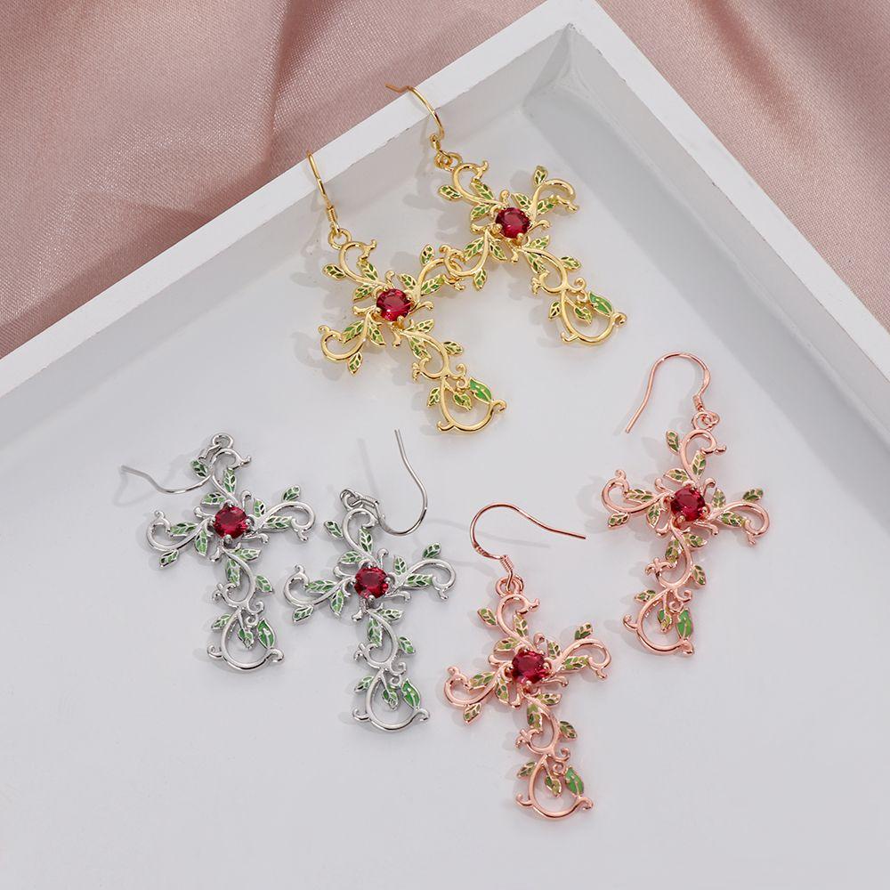 R-flower Kalung Anting Fashion Emas Perak Bunga Daun Liontin Salib