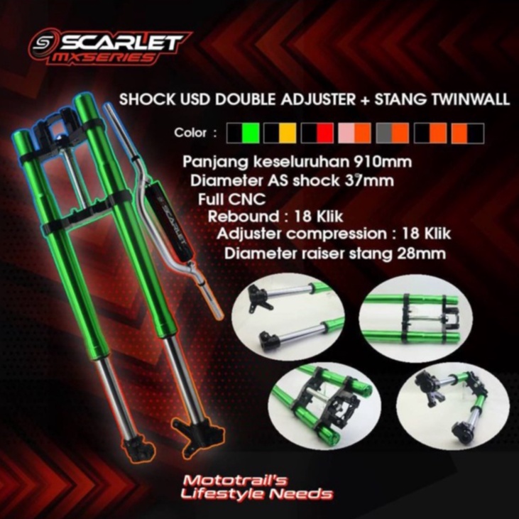 SHOCK DEPAN UPSIDE DOWN DOUBLE ADJUSTER FULL CNC + STANG KLX SCARLET RACING