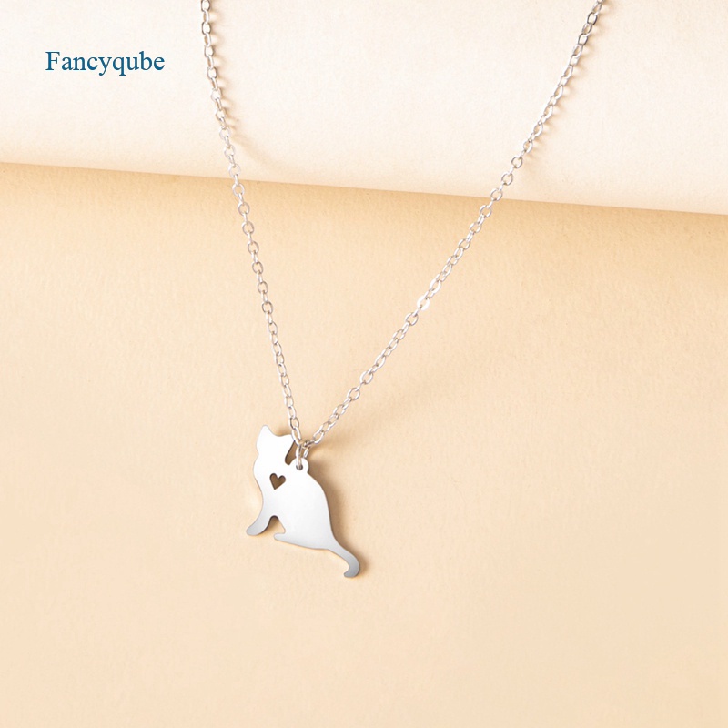 Fancyqube Kalung Rantai Choker Liontin Kucing Kecil Bahan Stainless Steel Warna Silver Untuk Wanita
