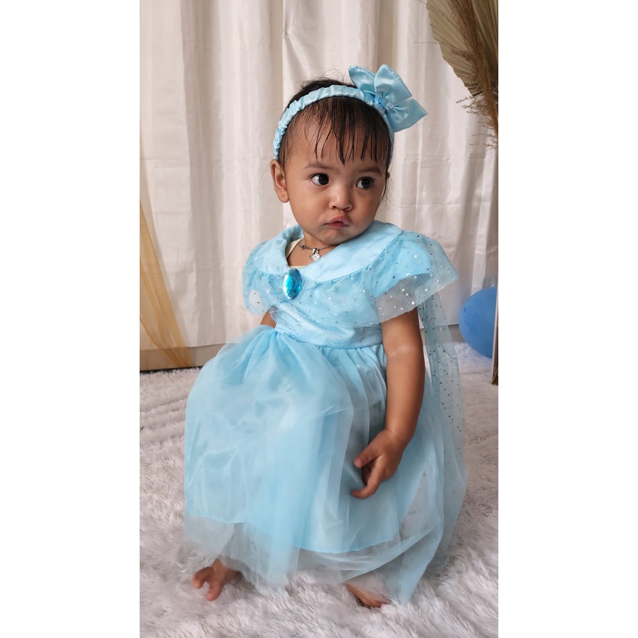 Gaun Elsa Frozen Anak 1 Tahun Import GRATIS PITA Baju Elsa Frozen 6 12 Bulan Dress Baju Baby Cewe 1.5 Tahun Warna Biru Muda Disney Princess KA107