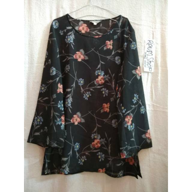 Atasan Wanita BLOUSE TUNIK BUNGA Warna Hitam CERUTY IMPORT KOREAN STYLE Fashion KEKINIAN WANITA MUSL