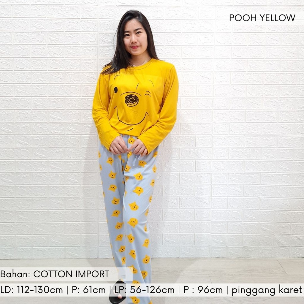 3522 kaos pajamas long pooh yellow one set import big baju tidur