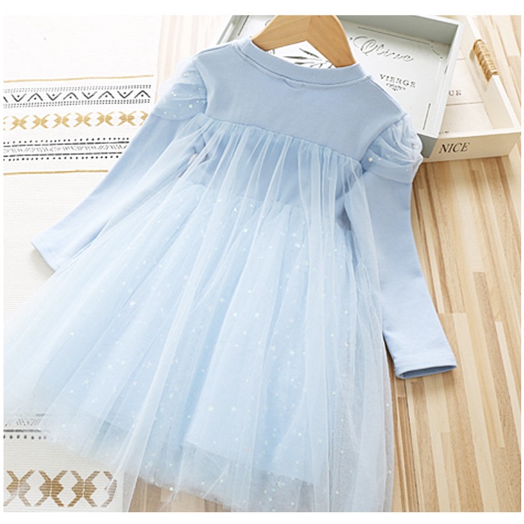 Anak Perempuan Frozen Elsa Dicetak Tulle Princess Dress Anak Lengan Panjang Elsa Gaun Pesta