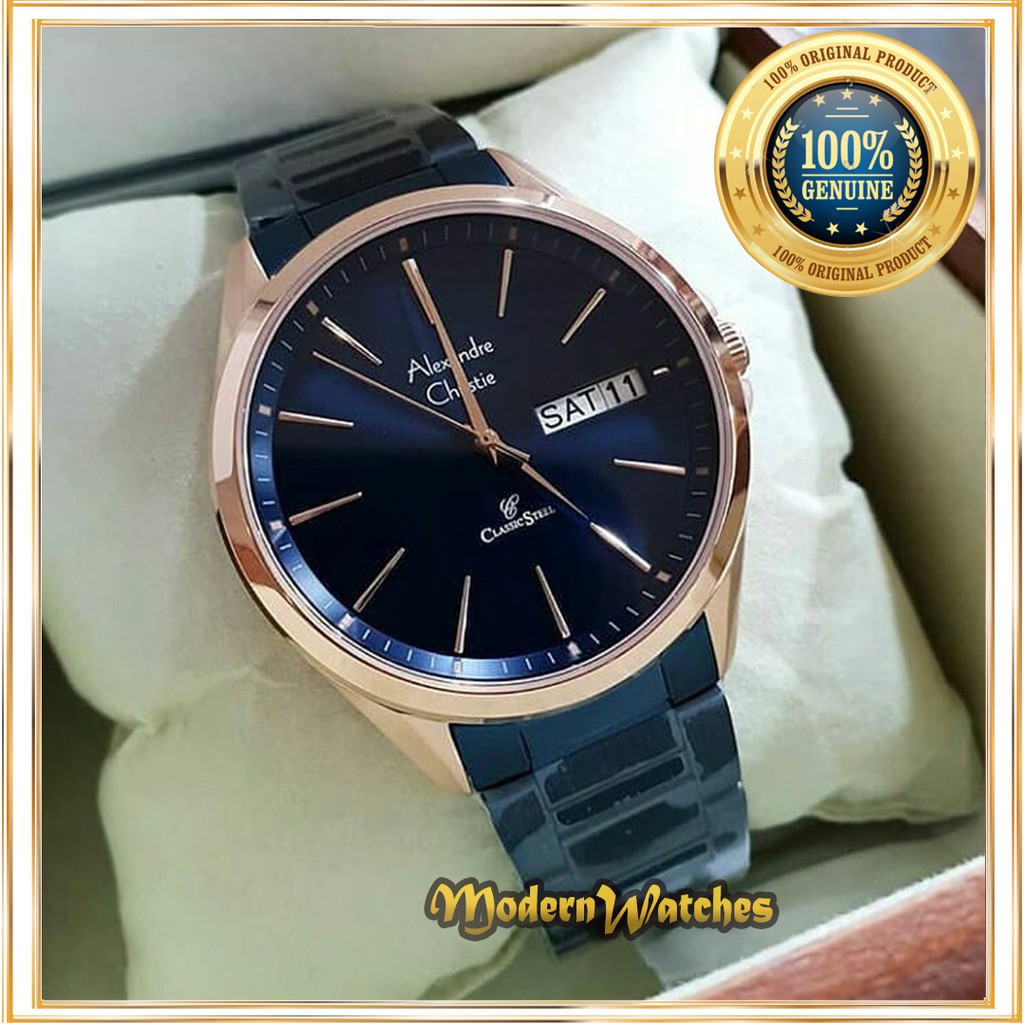 Jam Tangan Pria Original Alexandre Christie AC 8592 Blue Rosegold Biru Navy Dongker Classic Keren
