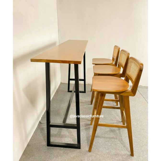 SET KURSI MEJA BAR COFFE KOPI ROTAN KAYU JATI SOLID KAKI BESI MINIMALIS VINTAGE STOOL TABLE CAFE MURAH-4