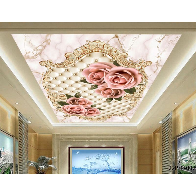 Wallpaper 3D Custom Plafon Ornamen Marmer Bunga Mawar Pink (22PLF-002)