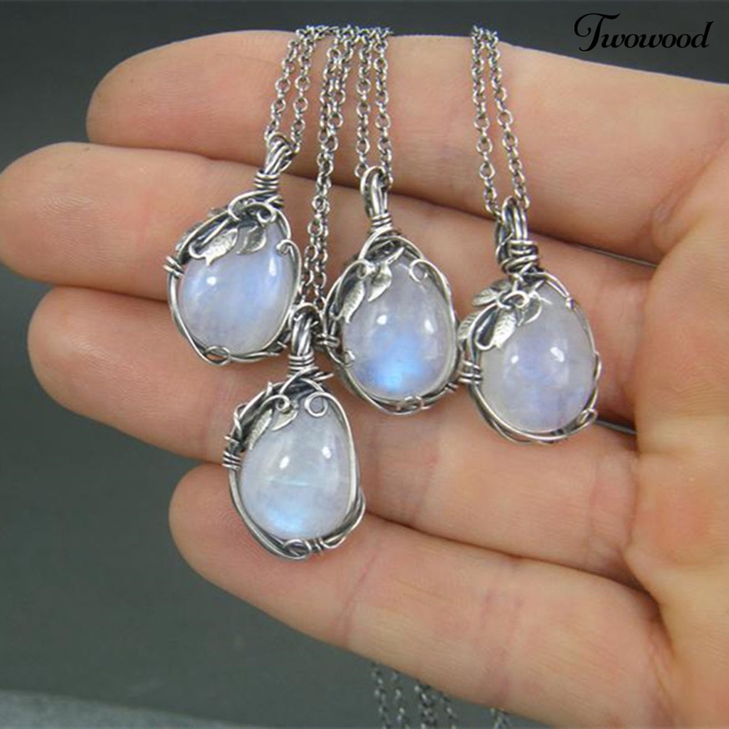 Twowood Clavicle Necklace Extension Chain Leaf Print Fine Workmanship Faux Moonstone Pendant Charm Necklace for Women