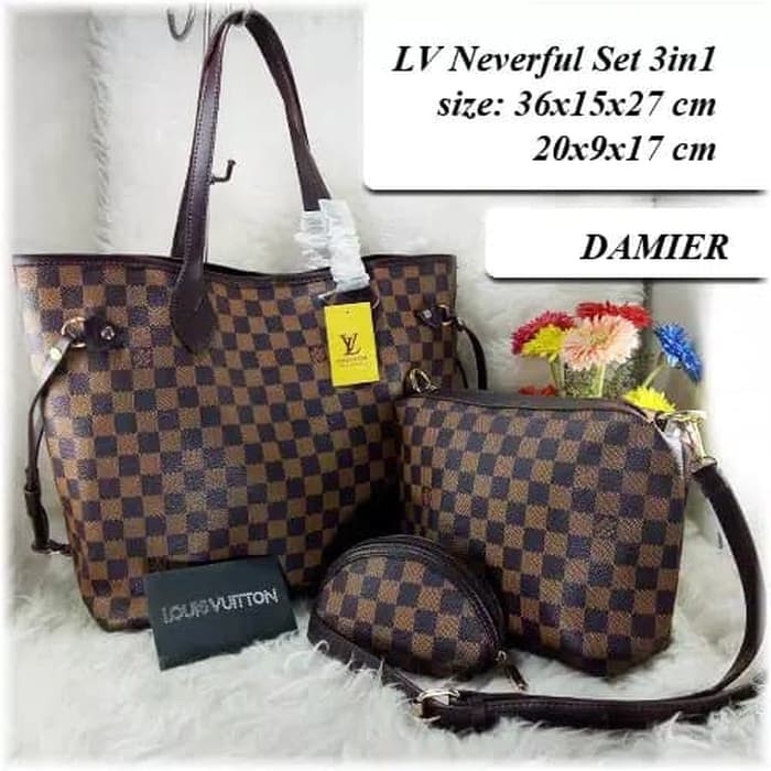 TAS BATAM TAS WANITA IMPORT TAS LV NEVERFULL SET 3IN1 HANDBAG MURAH - DAMIER