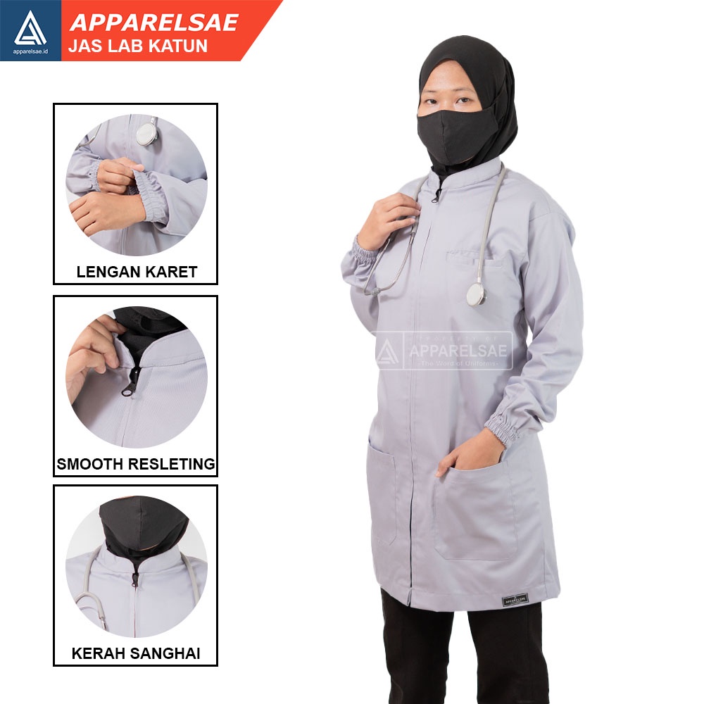 JAS LAB /JAS LABORATORIUM KATUN LEMBUT & TEBAL BAJU DOKTER LENGAN KARET WARNA ABU - ABU