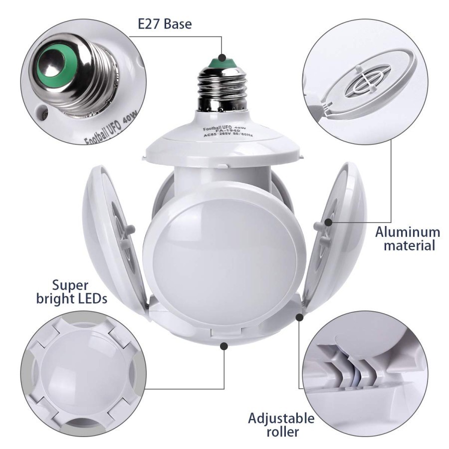 Lampu LED Football Lamp 28w 40w E27 28 40 w Bohlam Lipat Lingkaran Bulat Fan Blade Bulb Putih Unik Ufo E 27