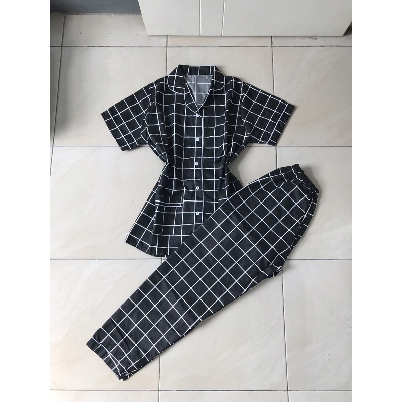 piyama/pajamas kotak&quot; CP cwe katun black.bajutidur/homewear/sleepwear katun CP cwe kotak&quot;cwekekinian