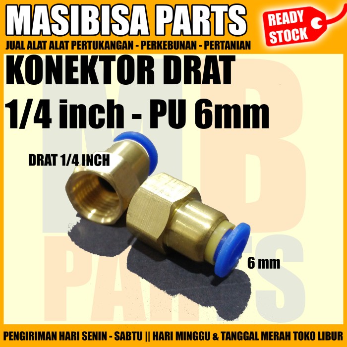 Konektor Slip Lock Tembaga 6mm / Drat Dalam 1/4"