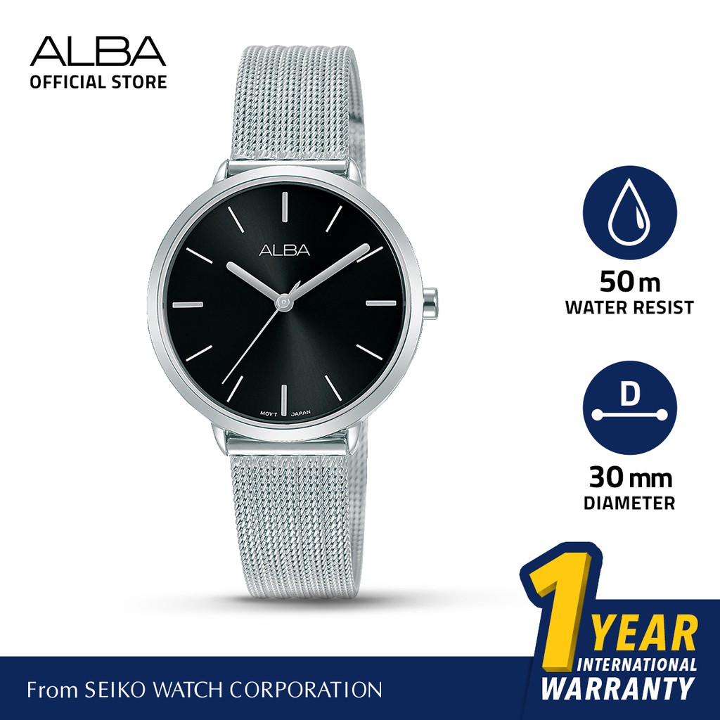 Alba Jam Tangan Wanita AH8717 / AH8717X1 Quartz Black Dial Stainless Mesh Bracelet / Rantai Pasir St