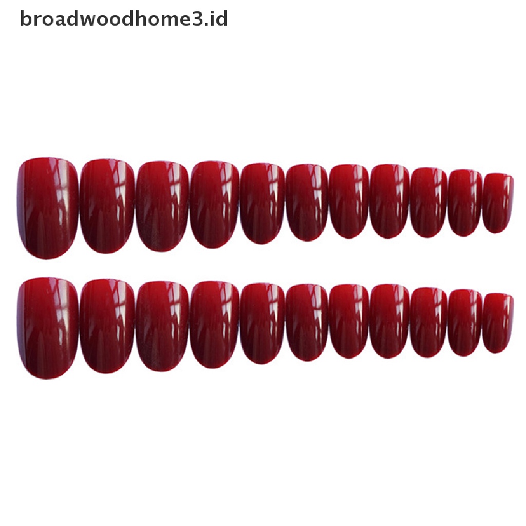 24pcs Kuku Palsu Kepala Bulat Warna Merah wine Dengan Lem Belakang Untuk Manicure