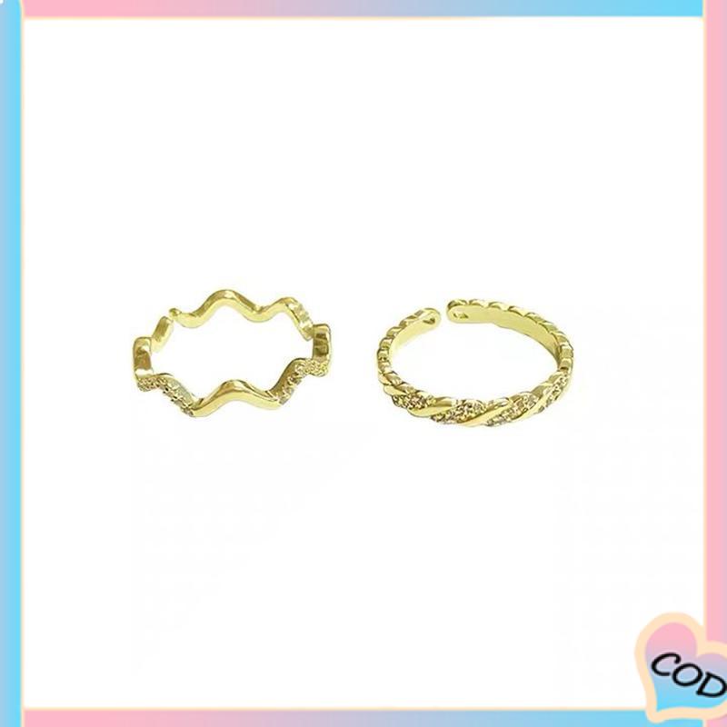 COD❤️ 2 PCS Cahaya Mewah Wanita High-end Super Indah Bergaris Gelombang Cincin Pembukaan Temperamen-A.one