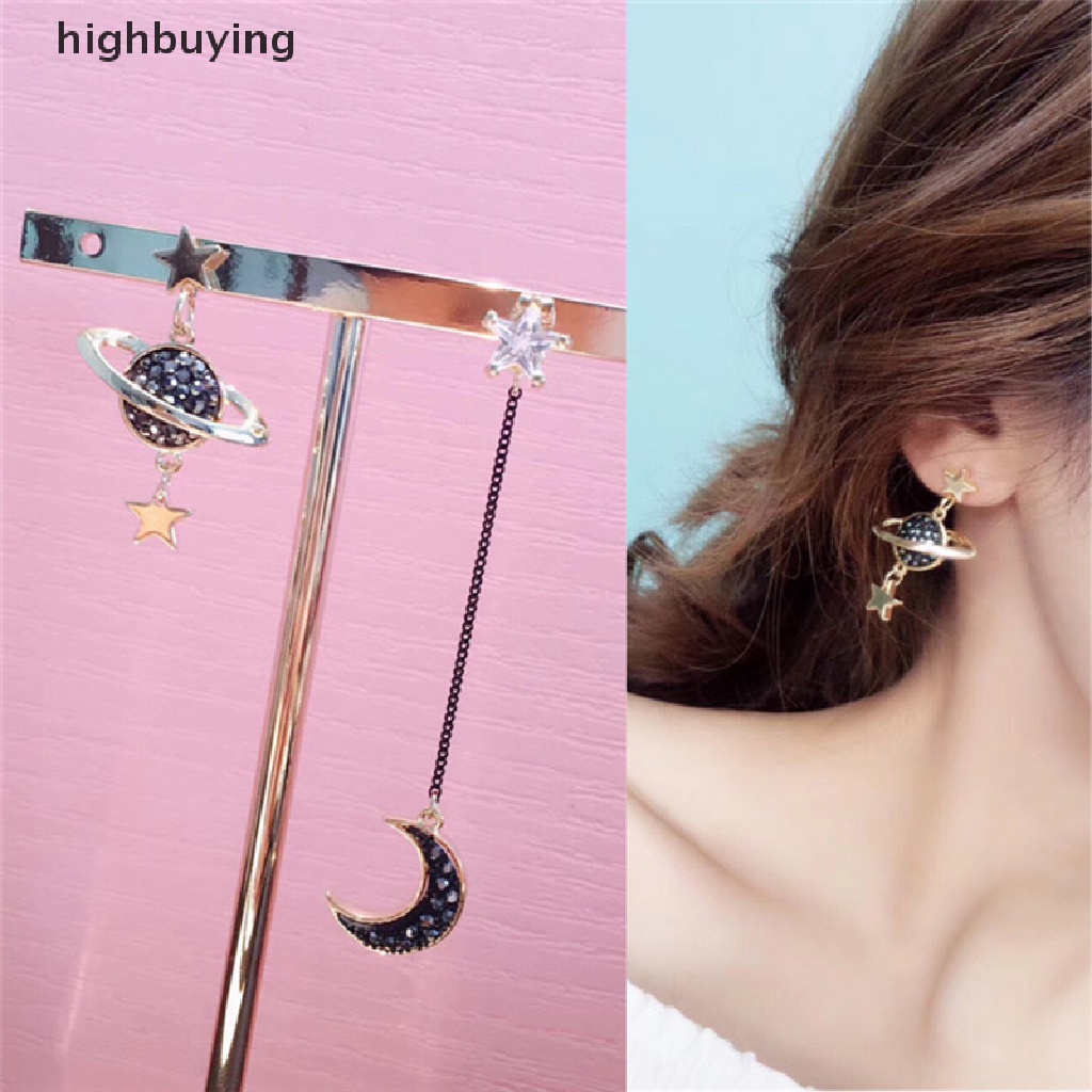 Hbid Anting Tusuk Gantung Asimetris Desain Bulan / Bintang / Planet Hias Kristal Untuk Wanita