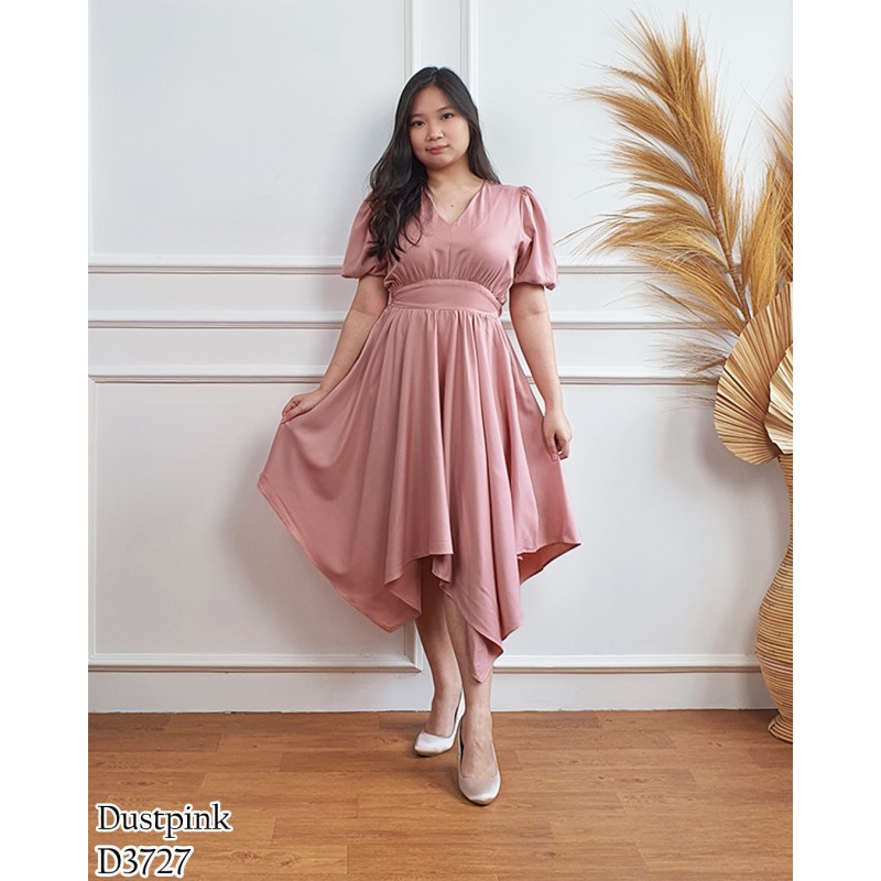 Dress babydoll asimetris leher V senorita polos lengan pendek balon / Midi dress wanita korean style