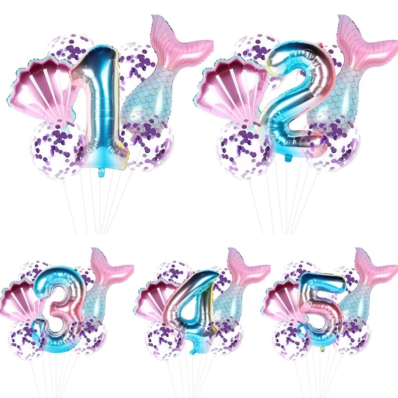 7pcs / Set Balon Foil Angka Bentuk Ekor Mermaid Untuk Dekorasi Pesta Ulang Tahun / Baby Shower