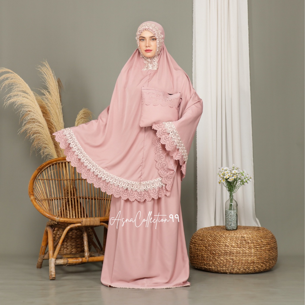 Mukena Dewasa Daily AsnaCollection٩٩ Rempel Lasercut Renda Mewah Jumbo Traveling Cantik