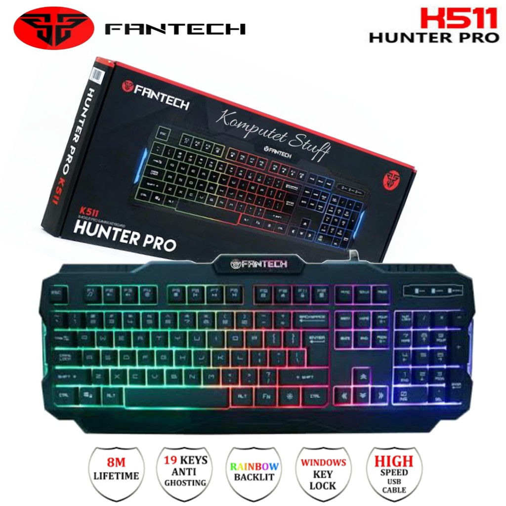 FANTECH HUNTER PRO K511 RGB Keyboard Gaming Wired LED Backlit Kombinasi 3 Warna Pelangi